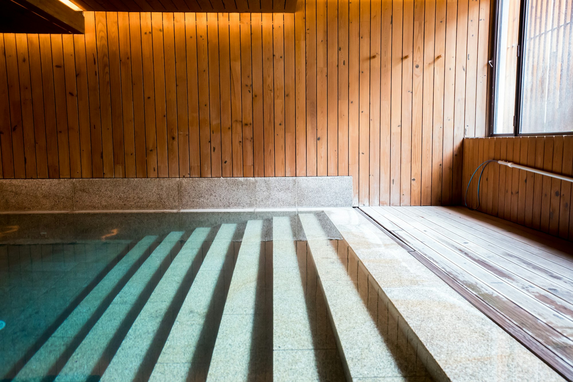 Photo: Antonio Araujo / Unsplash Wood-lined sauna beside an indoor plunge pool