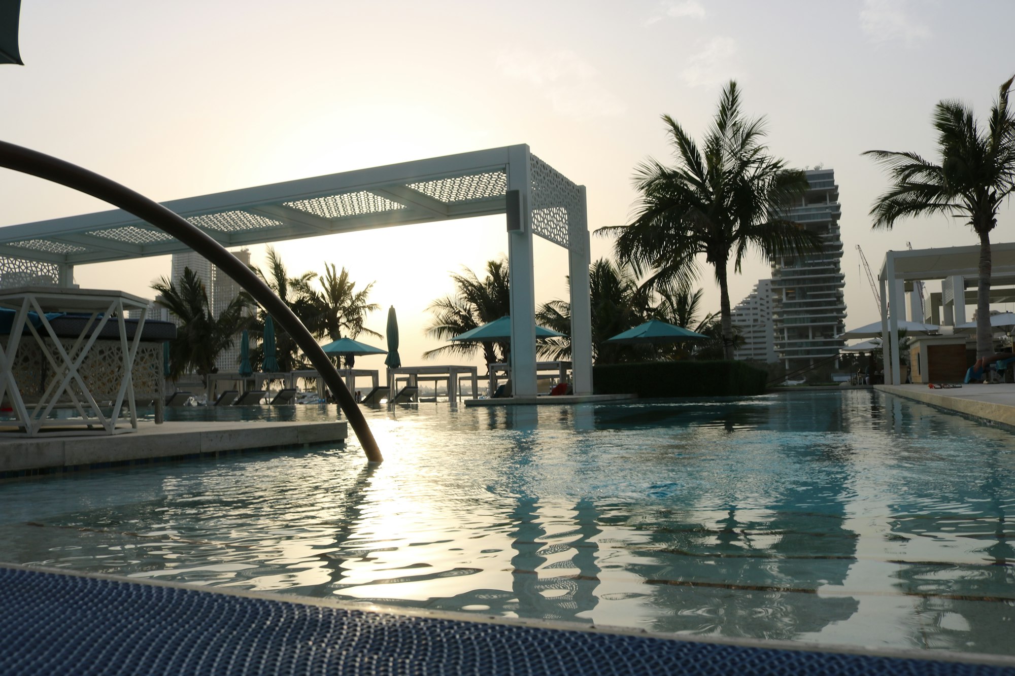Photo: Michaela J / Unsplash Palm trees beside a luxury beach club pool in Dubai