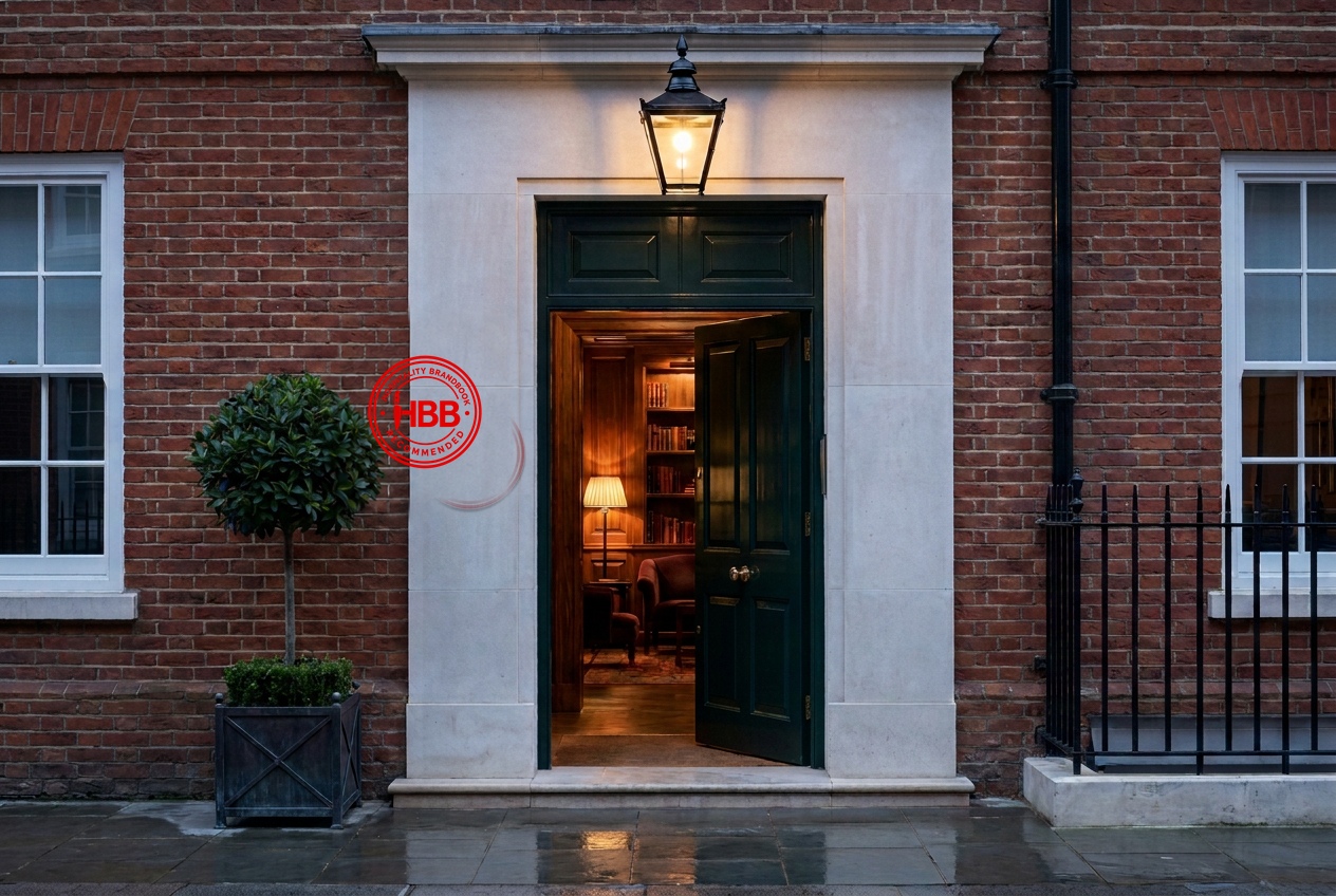 Illustrative members clubs entrance with the HBB Recommended wall plaque