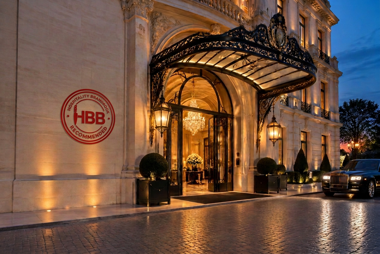 Illustrative grand hotel entrance with the red HBB Recommended wall emblem