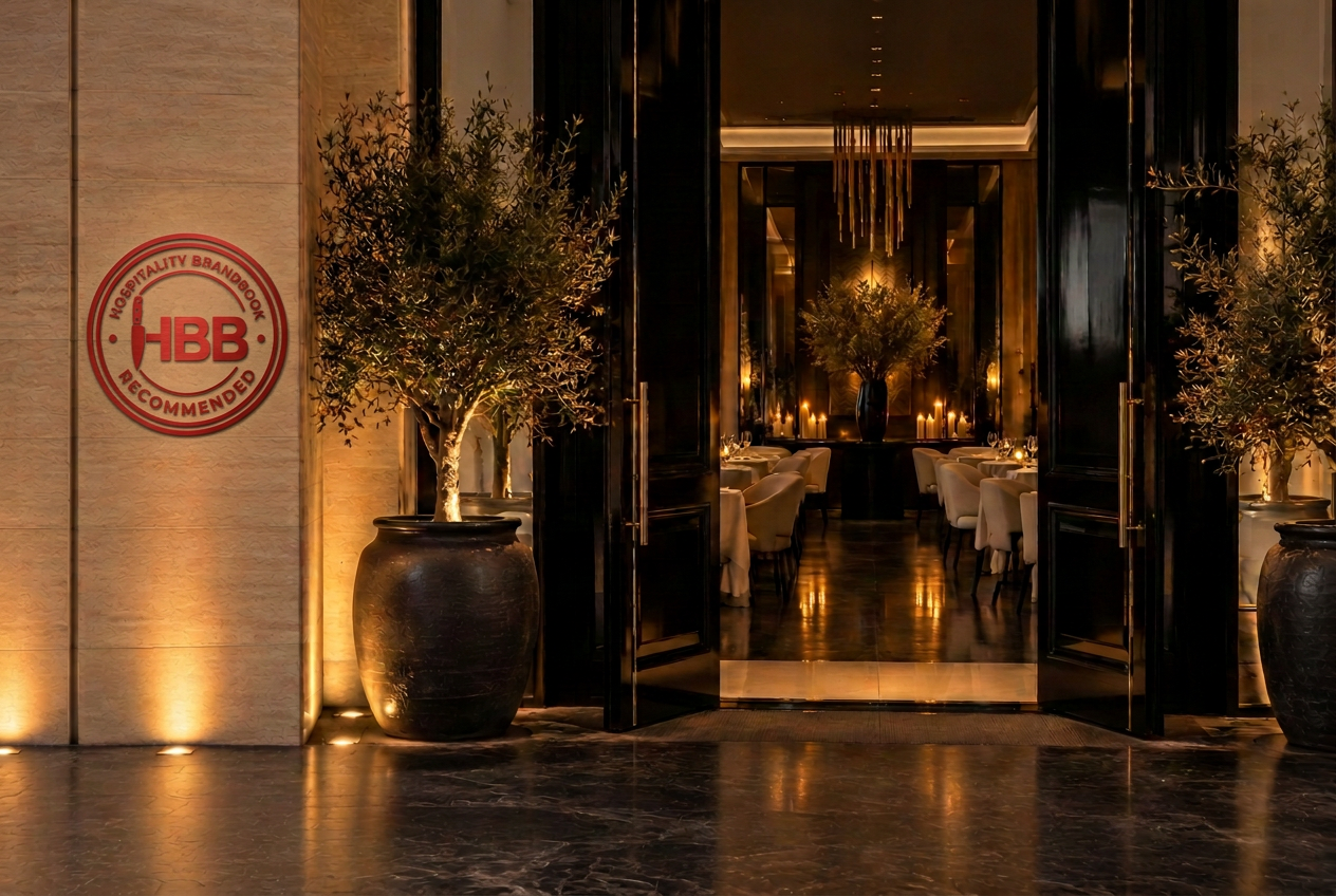 Illustrative luxury restaurant entrance with the red HBB Recommended wall emblem