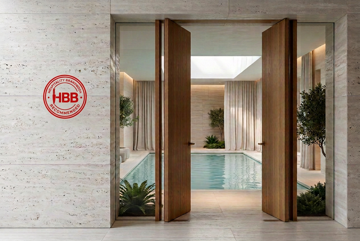 Illustrative wellness entrance with the HBB Recommended wall plaque